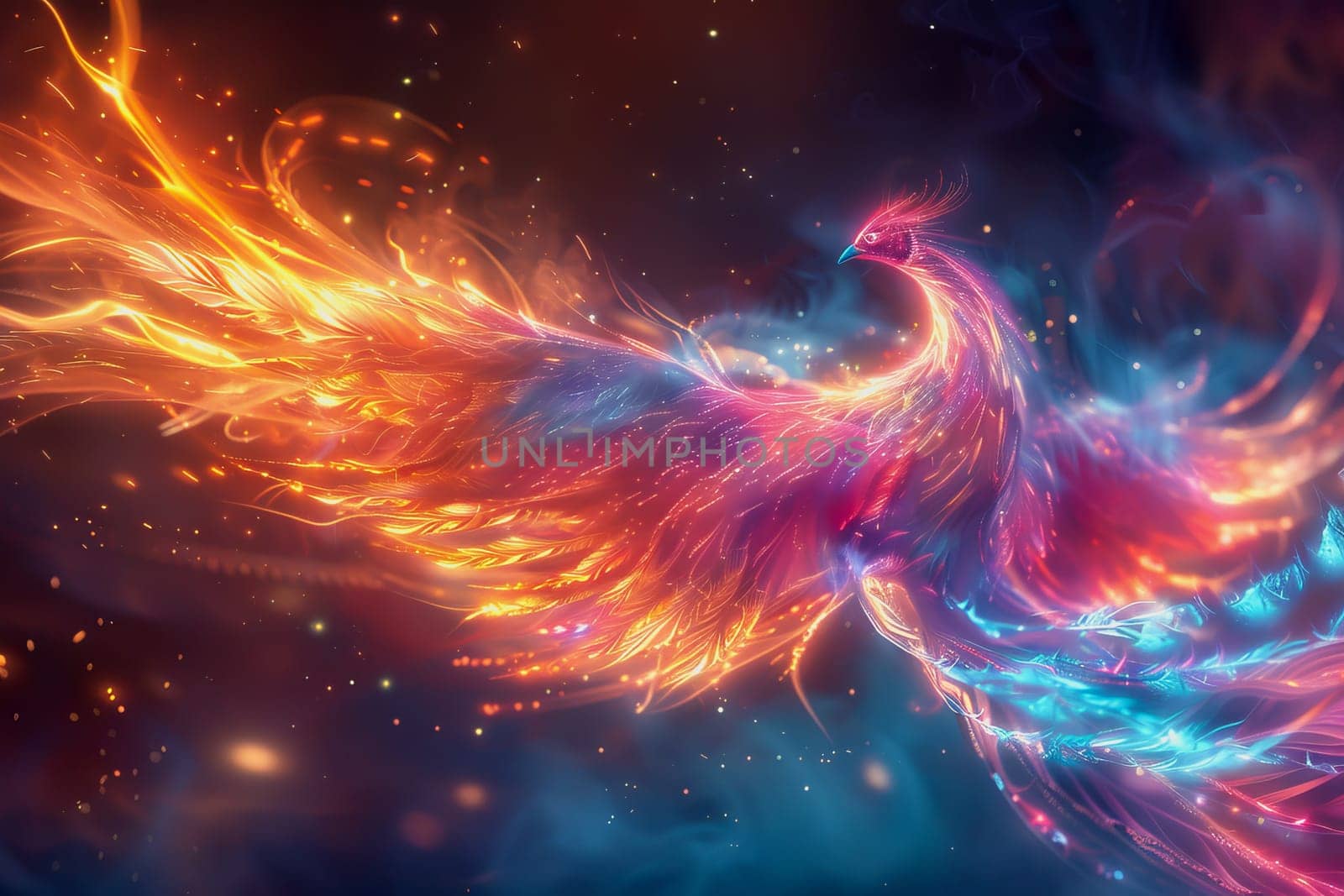 hologram of a transparent mythical phoenix glowing with ethereal radiance. by Manastrong