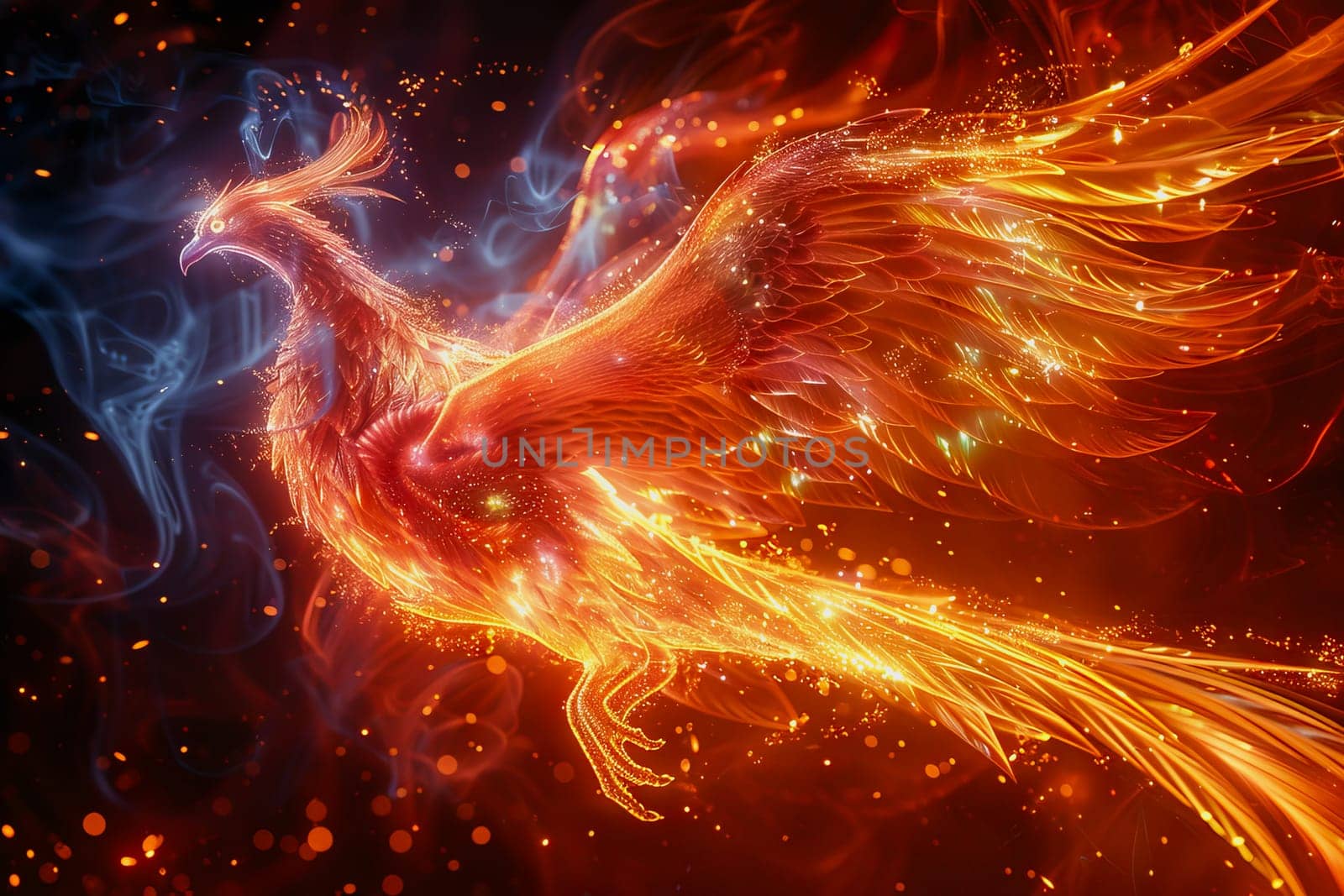 hologram of a transparent mythical phoenix glowing with ethereal radiance