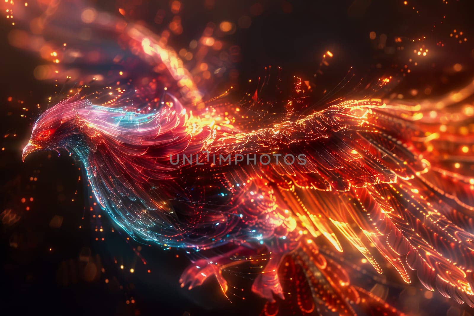 hologram of a transparent mythical phoenix glowing with ethereal radiance