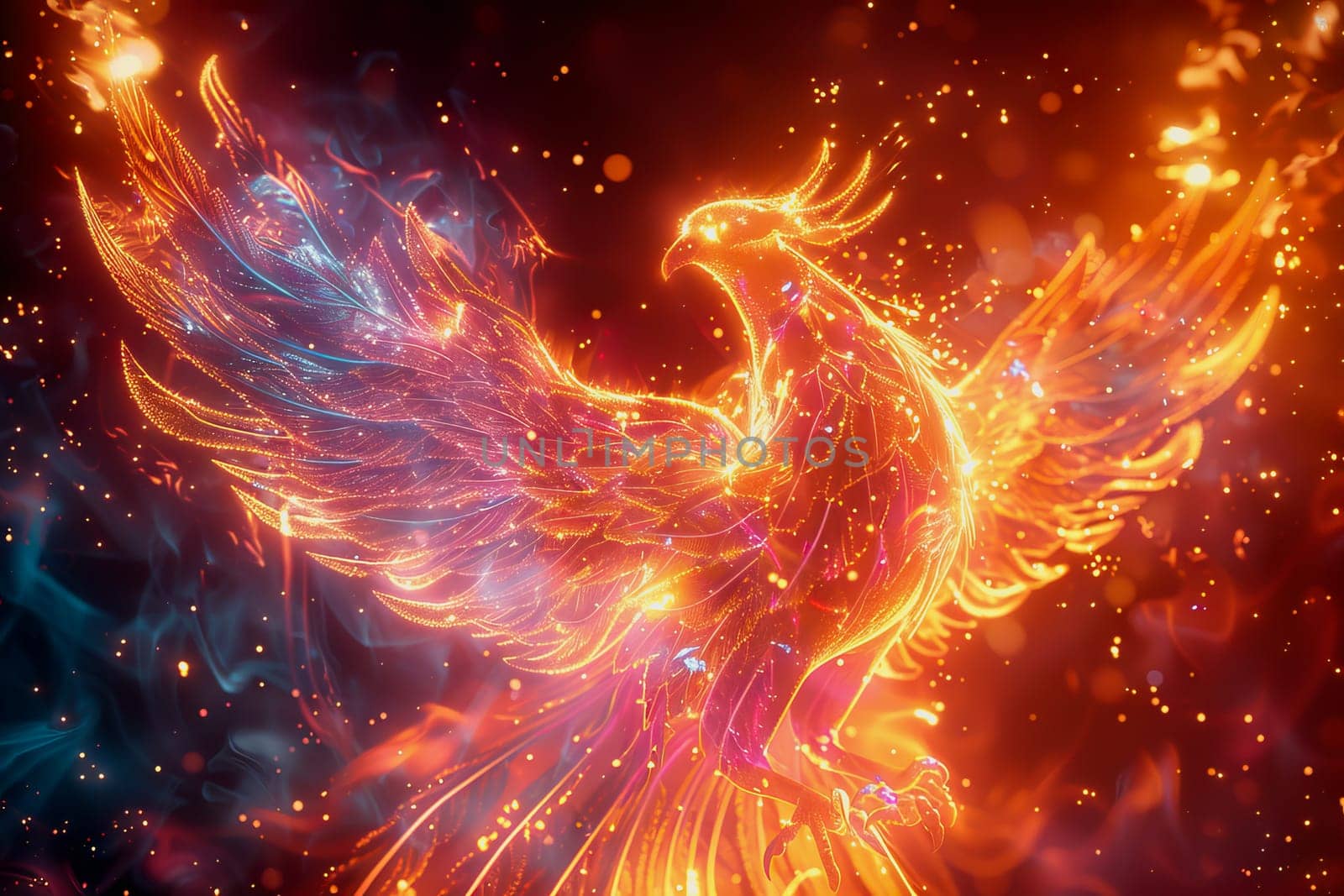 hologram of a transparent mythical phoenix glowing with ethereal radiance