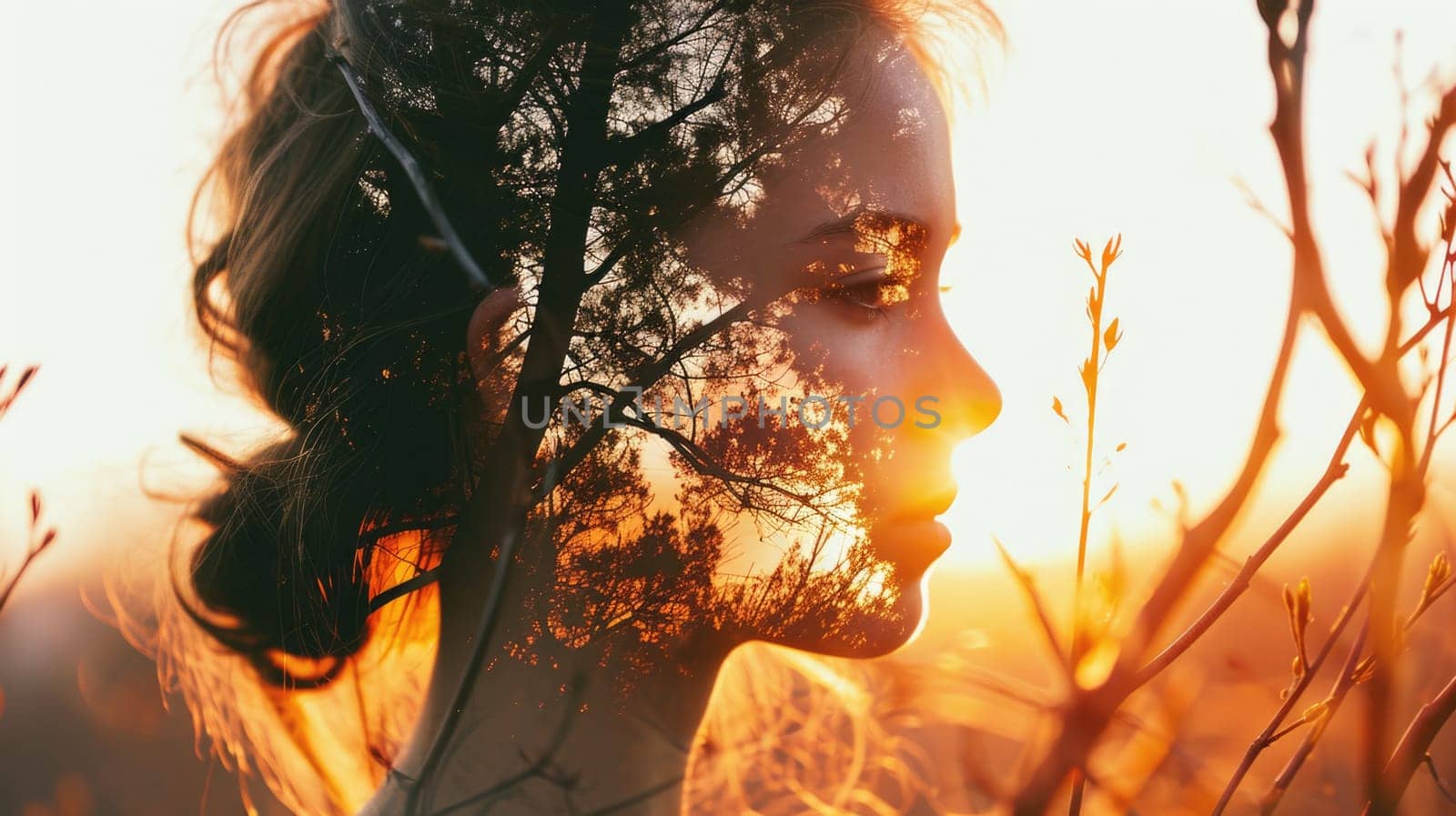 The closeup double exposure picture between young adult beautiful female caucasian human and bright beautiful nature in the morning or evening that the picture stand for peaceful of the life. AIGX01.