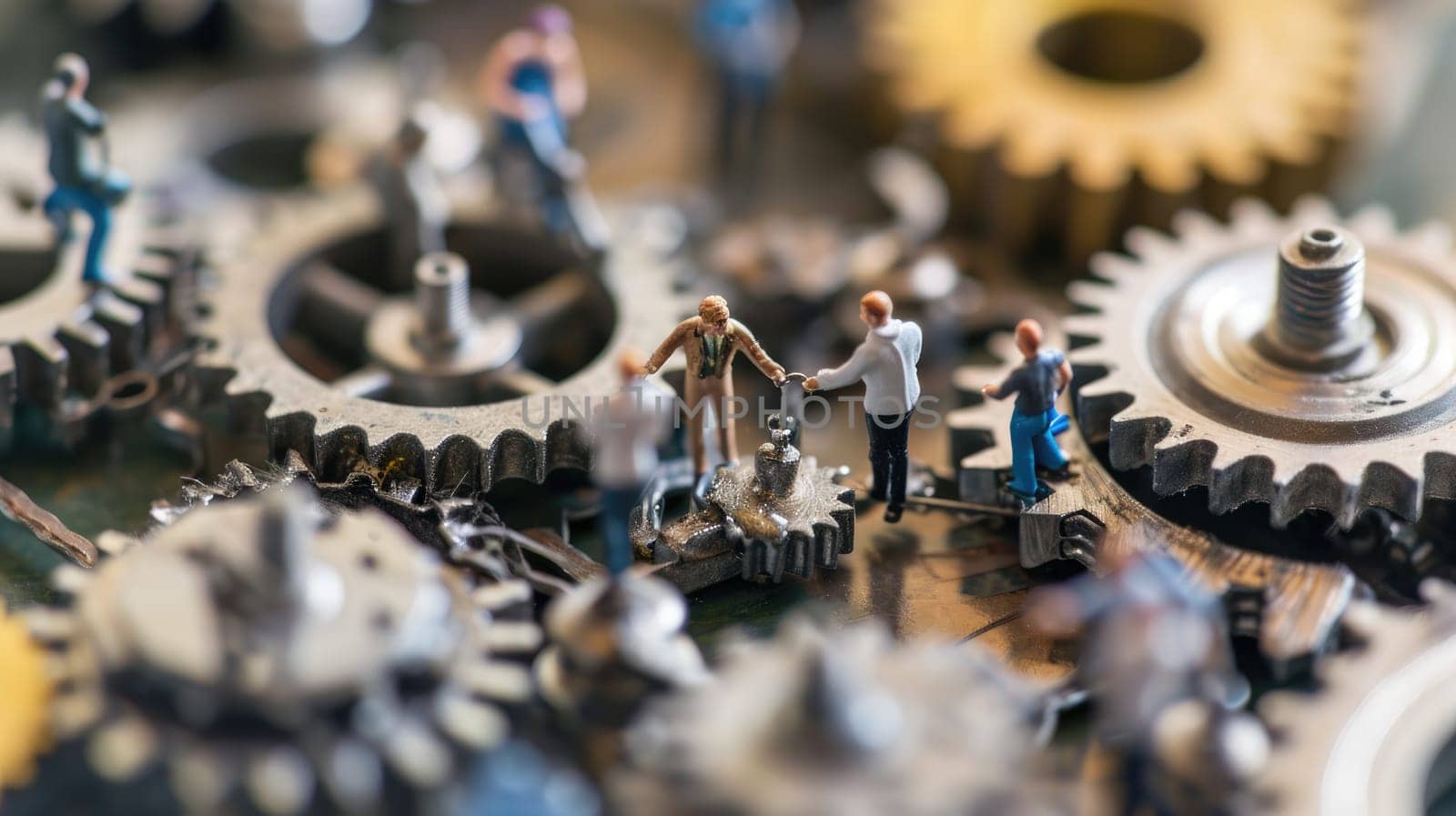 The miniature varies group of employed people that standing still on the uncompleted cogwheels trying to work together to find the solution for varies problems that they talking to each other. AIGX03.