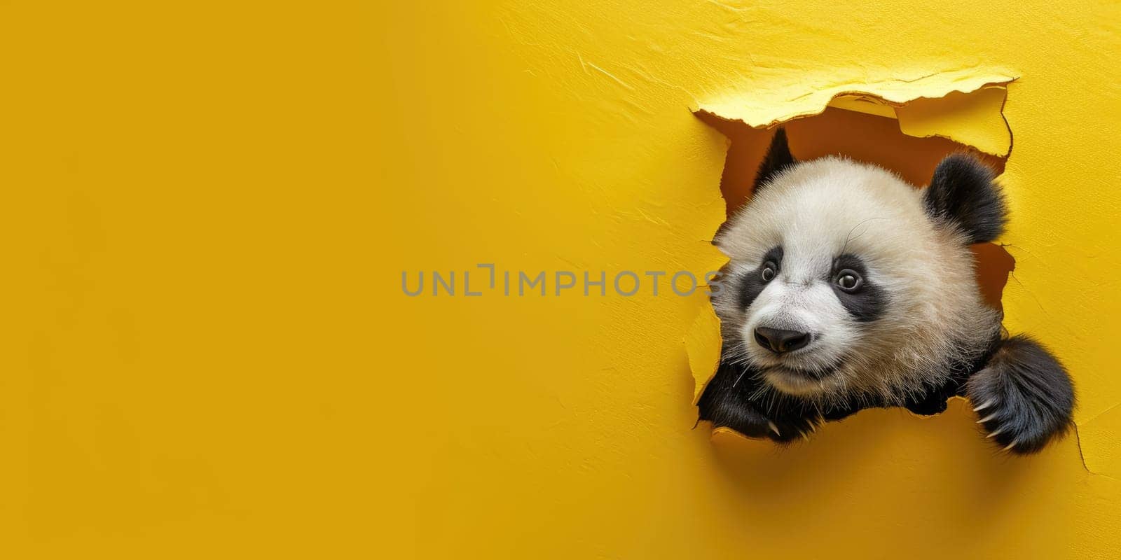 Close up view picture of the hollow yellow hole on the the wall that show the panda stay inside the wall that has been made from some material yet still can break to look through other side. AIGX03.