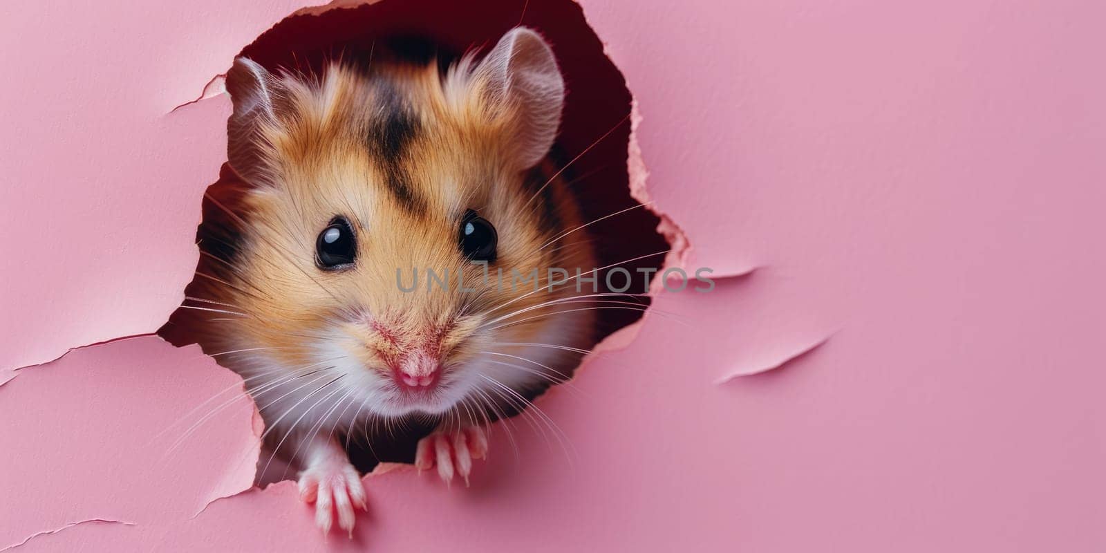 Close up view picture of the hollow pink hole on the the wall that show the hamster stay inside the wall that has been made from some material yet still can break to look through other side. AIGX03.