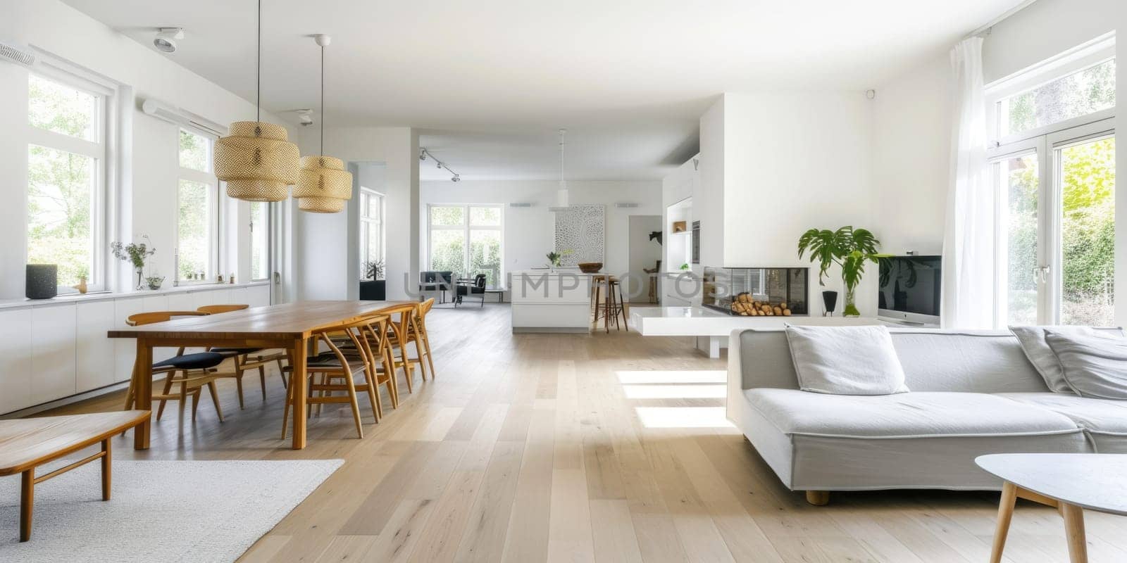 A bright and airy modern living room with stylish staircase, hardwood floors, and contemporary furniture, bathed in natural sunlight. Bright and airy Scandinavian living room. Resplendent.