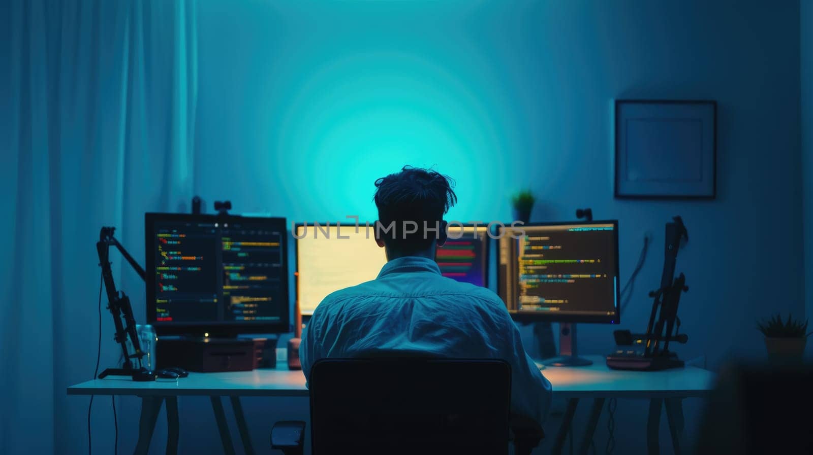 Back view of professional software developer coding program or engineering prompt. Skilled programmer typing computer and laptop while developing system with blurring background. Technology. AIG42.