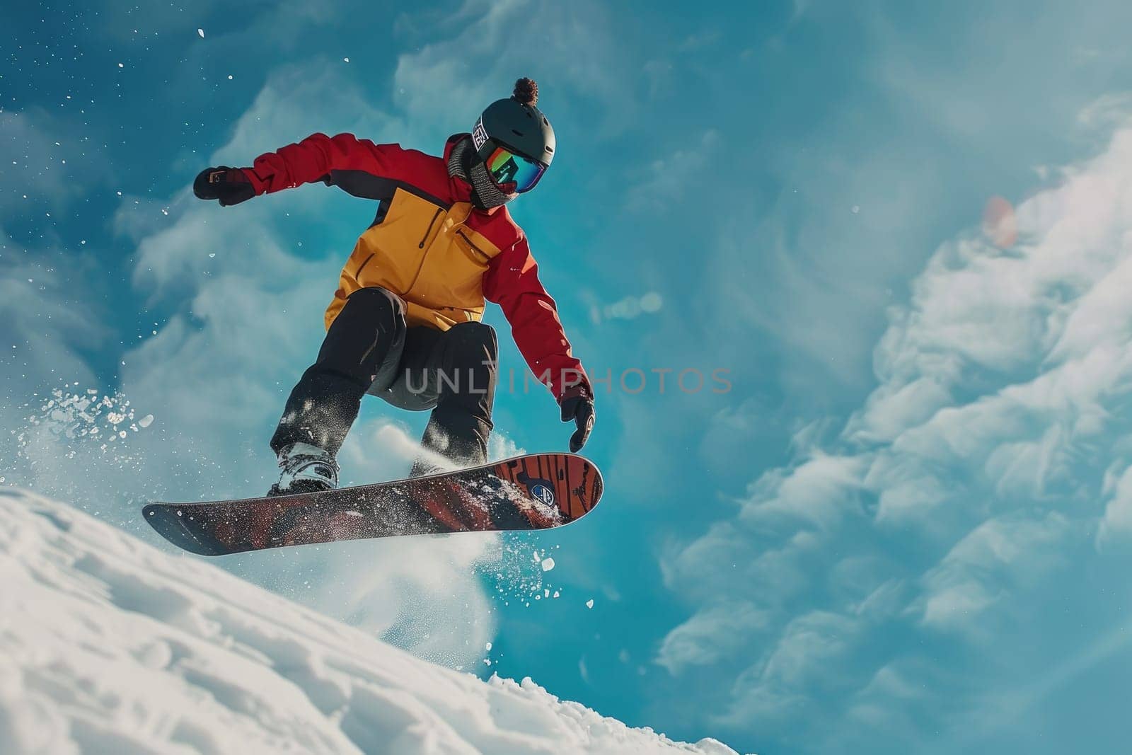 Snowboarding with a stock photo of a snowboarder executing a jump in a terrain park. by Chawagen