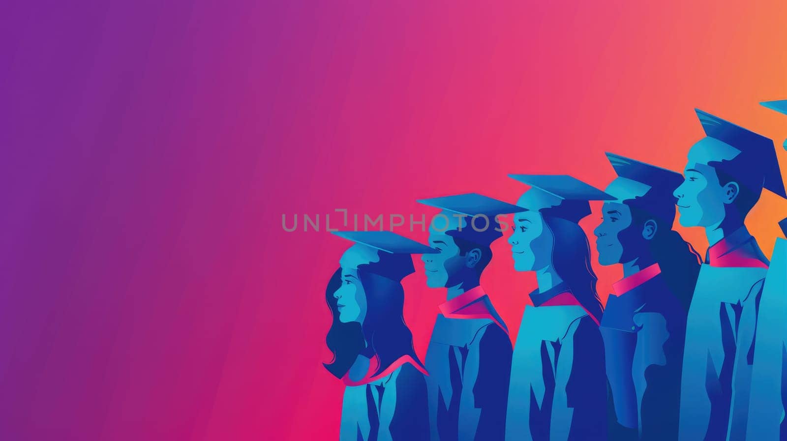 A group of diverse students wearing graduation caps and gowns in a colorful background. AIG51A.
