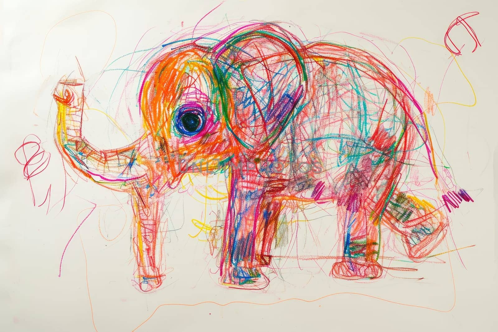The hand drawing colourful picture of the elephant that has been drawn by the colored pencil, crayon or chalk on white blank background that seem to be drawn by the child that willing to draw. AIGX01.