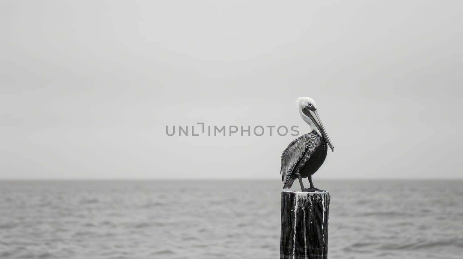 A Pelecaniformes bird with a long beak perched on a wooden post by the lake, gazing at the fluid water under the vast sky AIG50