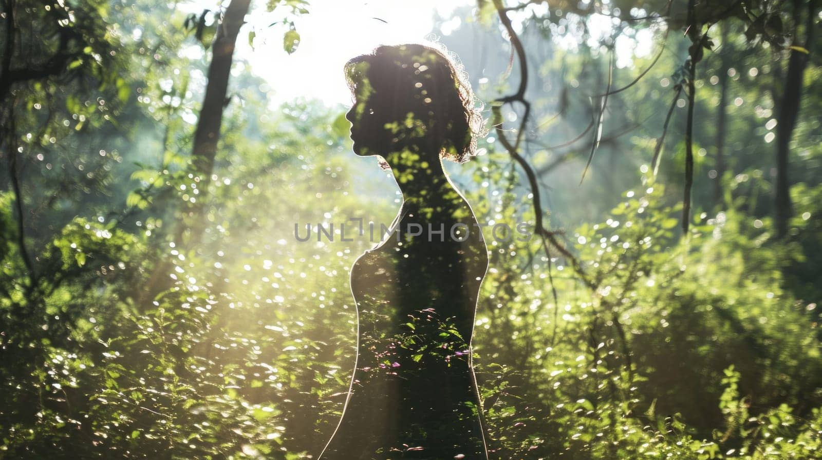 The picture of the young or adult female human doing the standing pose for relaxation or meditating the mind in the middle of the nature under bright sun in the daytime of a dawn or dusk day. AIGX03.