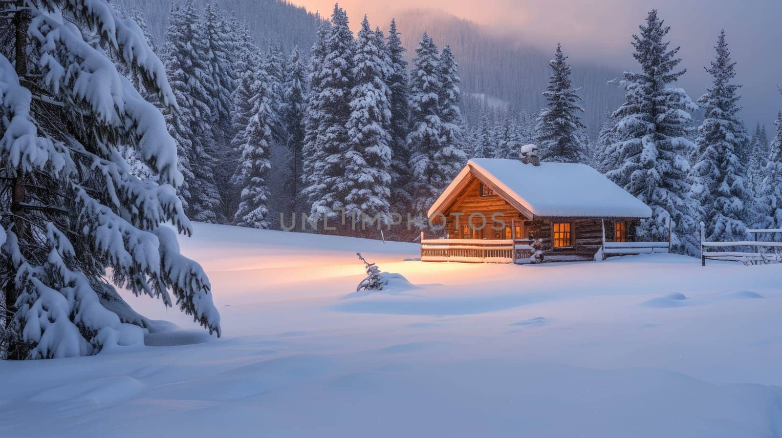 A lone log cabin radiates warmth with its glowing windows against the twilight of a tranquil, snow-covered forest landscape. Resplendent.