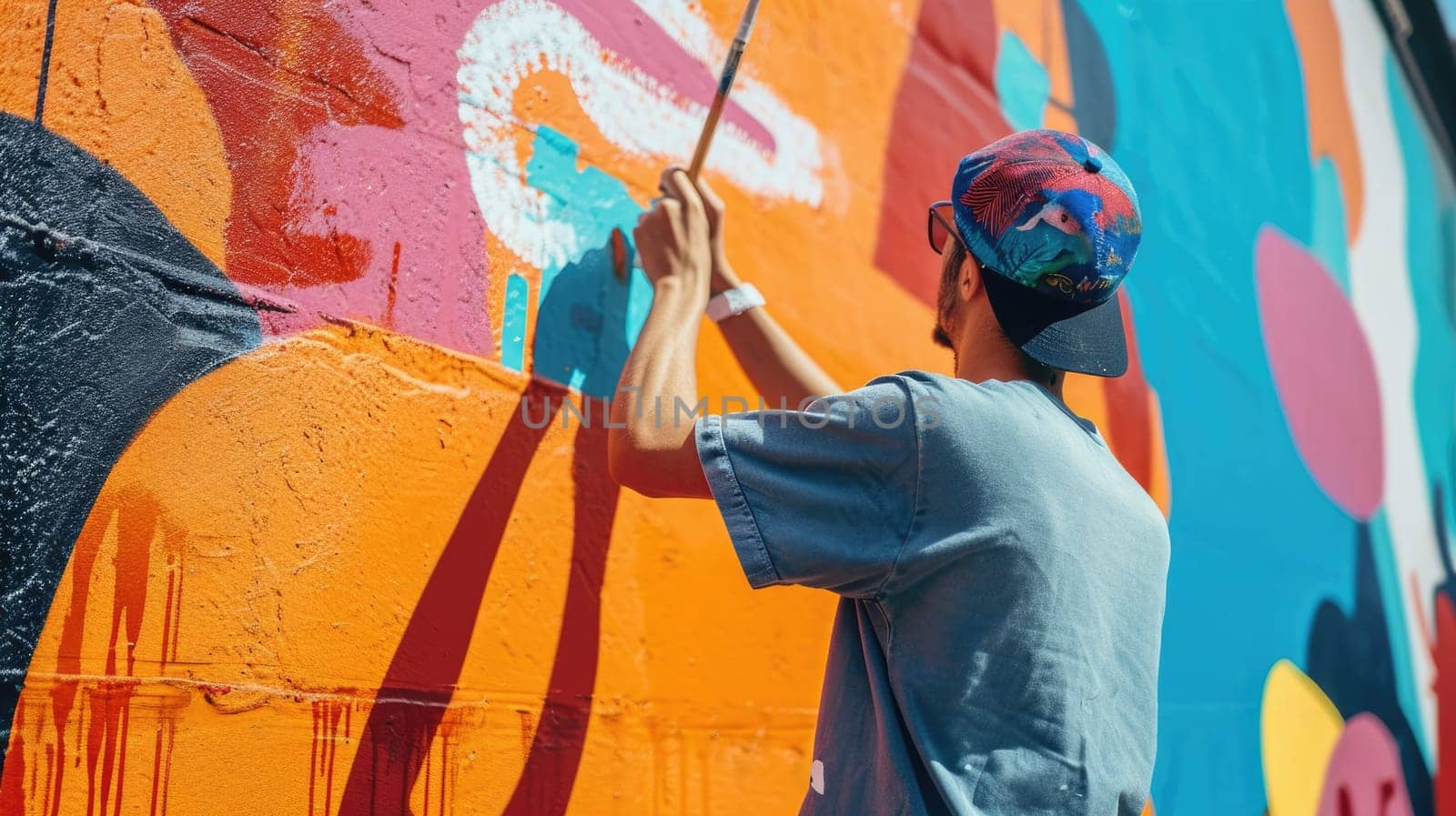 An artist painting a mural on an urban wall, colorful street art, creative expression in a city environment. Resplendent.