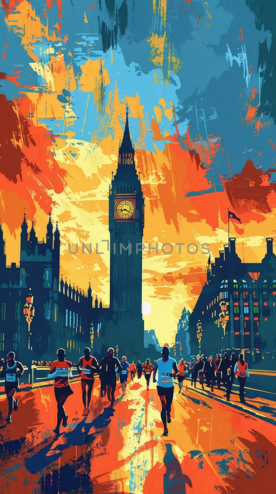 Runners racing in London marathon, poster, illustration,