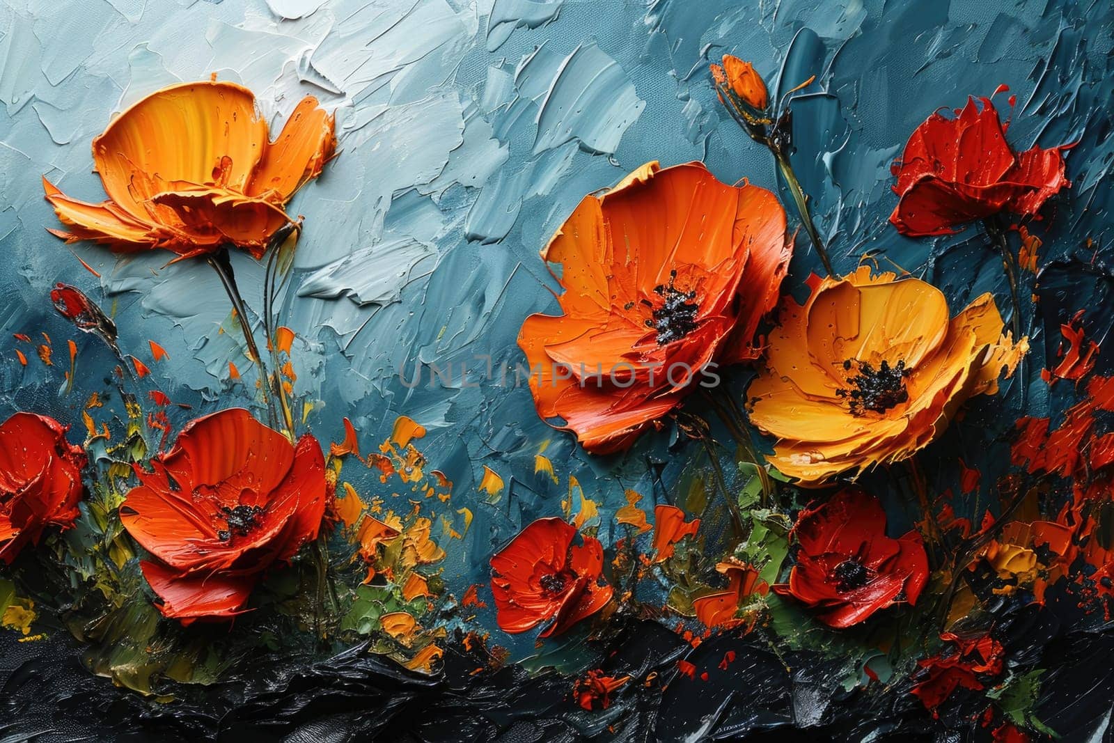 The picture about the abstract colourful flower that has been painted with oil painting on blue background that the flower has been facing to the source of the light in oil painting picture. AIGX01.