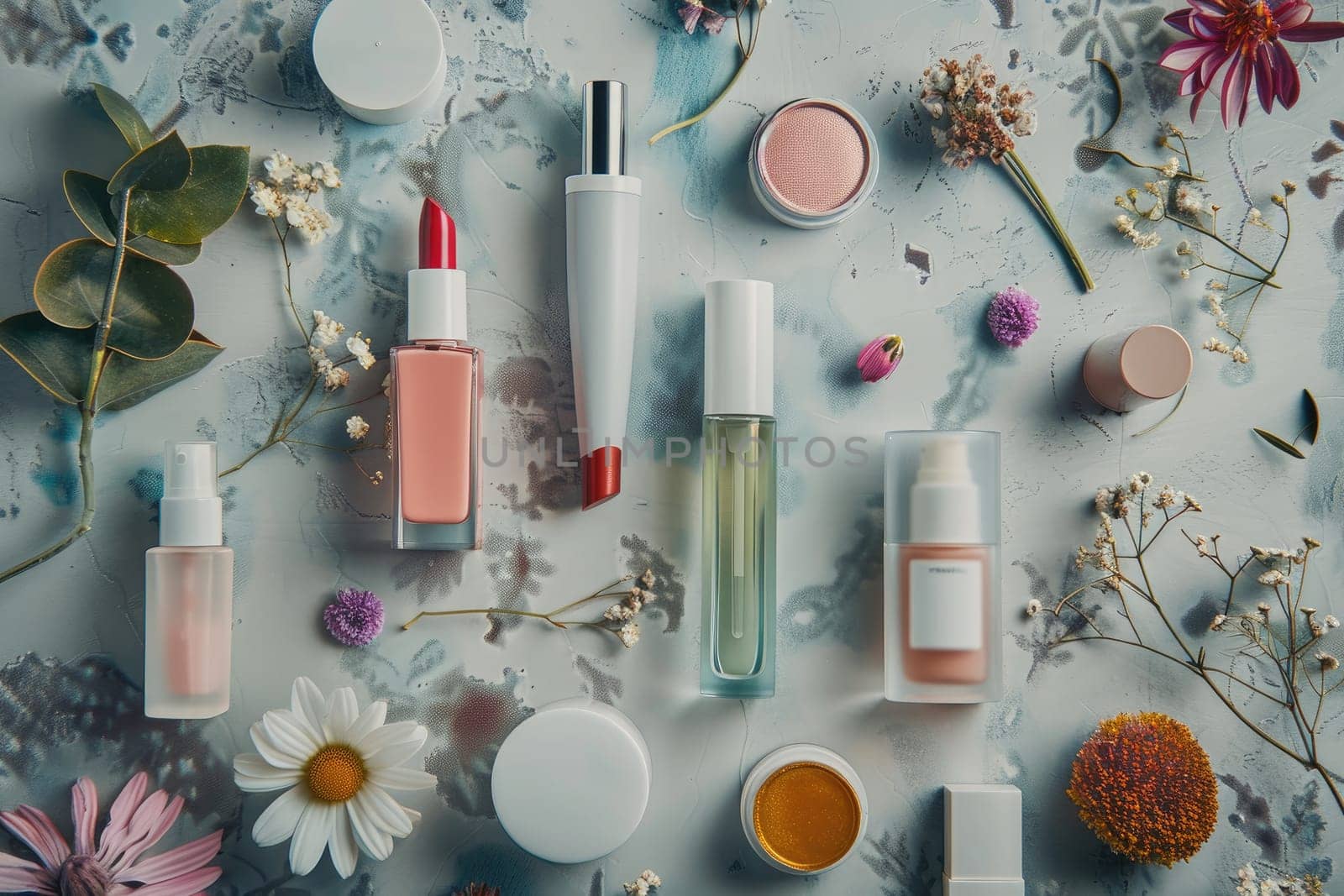 A flat lay composition featuring a variety of cosmetics arranged alongside skincare products on a textured background