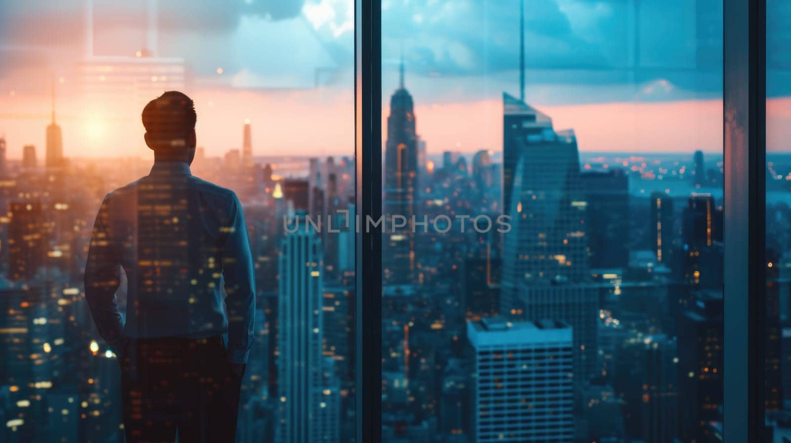 A man in a suit gazes through azure-tinted glass, captivated by the electric blue sky and the symmetrical skyscrapers towering in the cityscape. AIG41