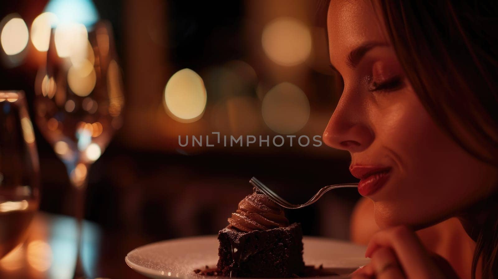 A woman is smiling as she smells a piece of chocolate cake on a plate. The dessert is a delicious baked good, perfect for a birthday celebration AIG50