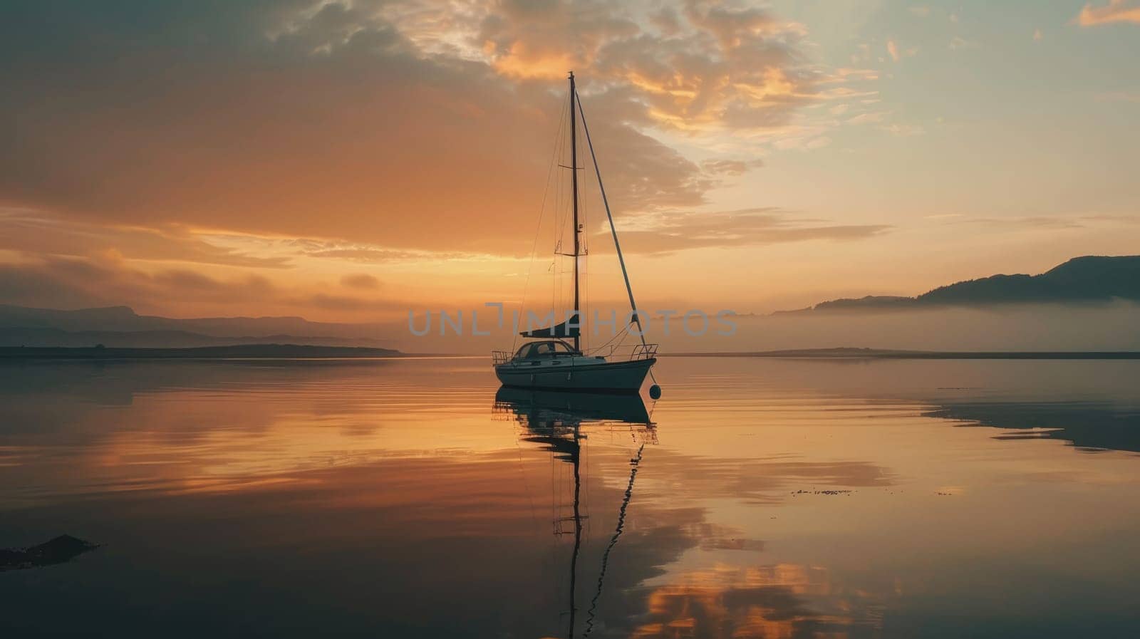 A sailboat glides gracefully on the calm waters of a lake as the sun sets, casting a warm afterglow over the tranquil scene AIG50