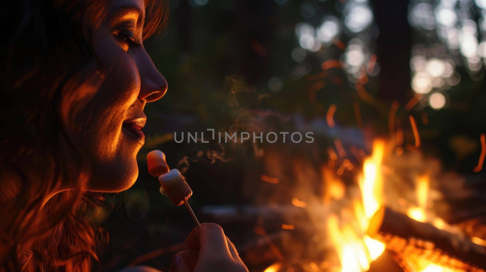 A close up of a woman with black hair, amber eyes, and a smile as she looks at the fire. Her nose and eyebrows are highlighted by the heat, while her eyelashes flutter in the fun of the moment AIG50
