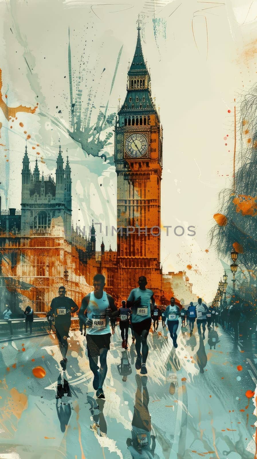 Runners racing in London marathon, poster, illustration,