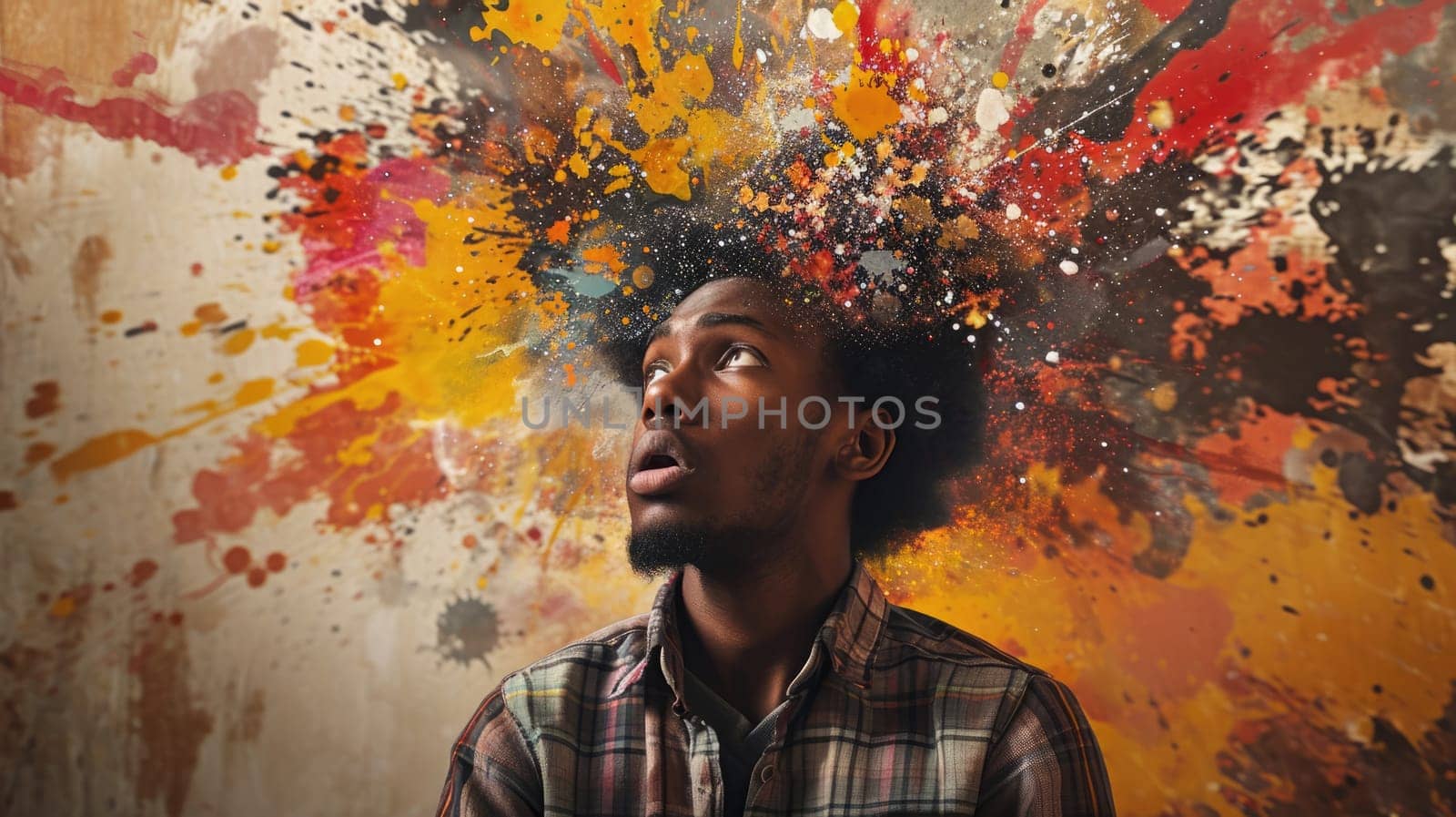 The picture that about the human face with different facial expression with colourful blowing effect near their head that can be portrayed feeling when they received too much the information. AIGX03.