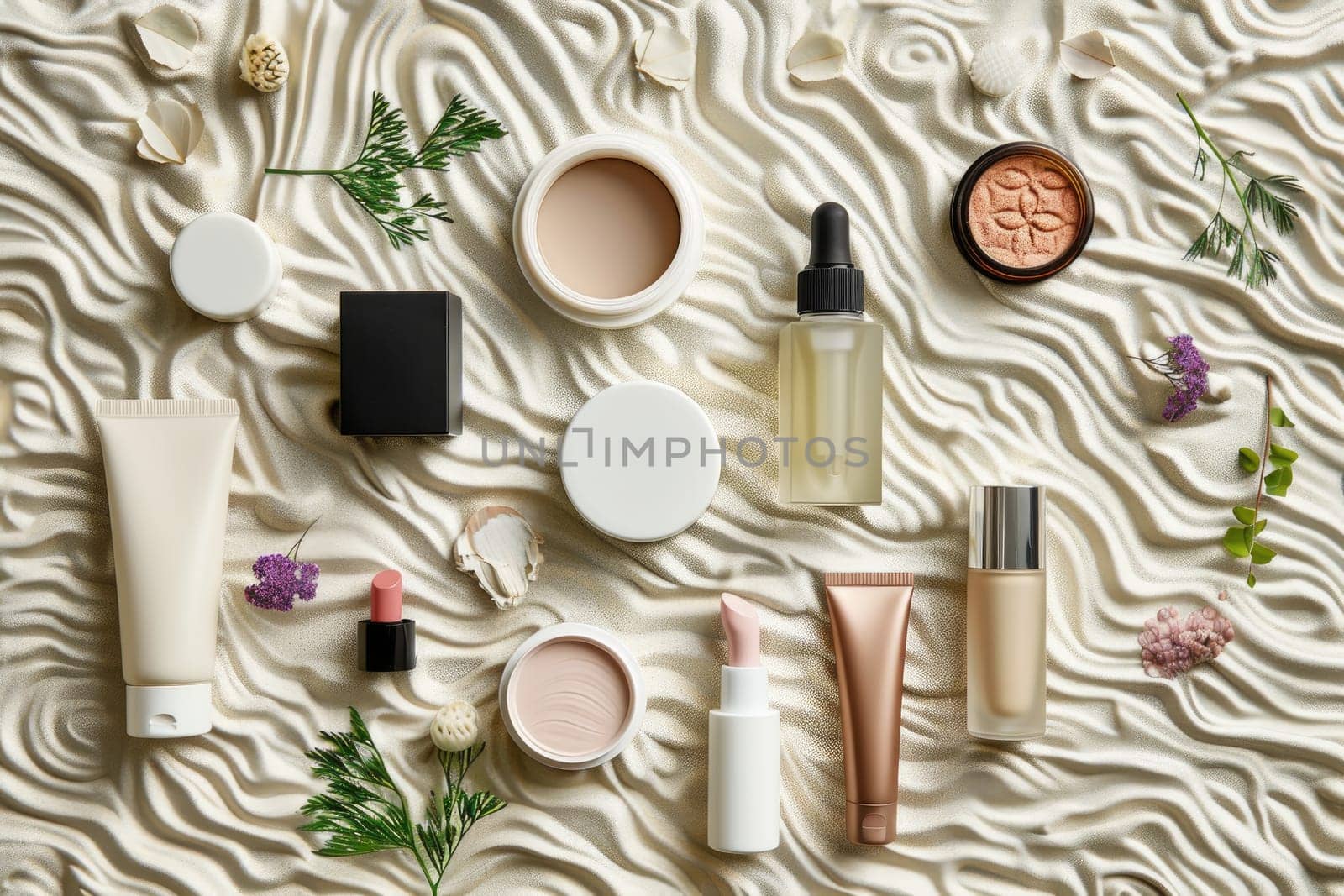 A flat lay composition featuring a variety of cosmetics arranged alongside skincare products on a textured background