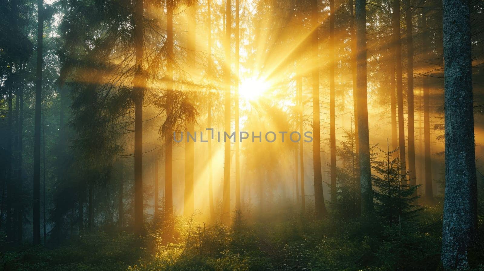 Misty Forest Sunrise. Golden sunrise rays filter through the mist in a dense forest. Resplendent.