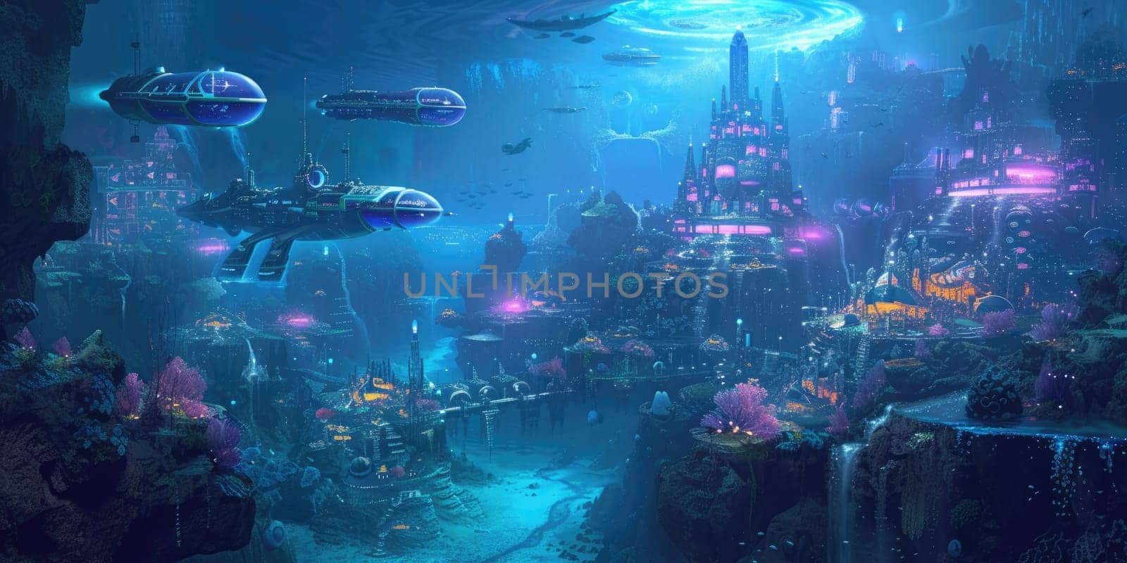 An underwater city with bioluminescent coral, schools of colorful fish, and ancient ruins, all illuminated by the eerie glow of an underwater volcano. Resplendent.