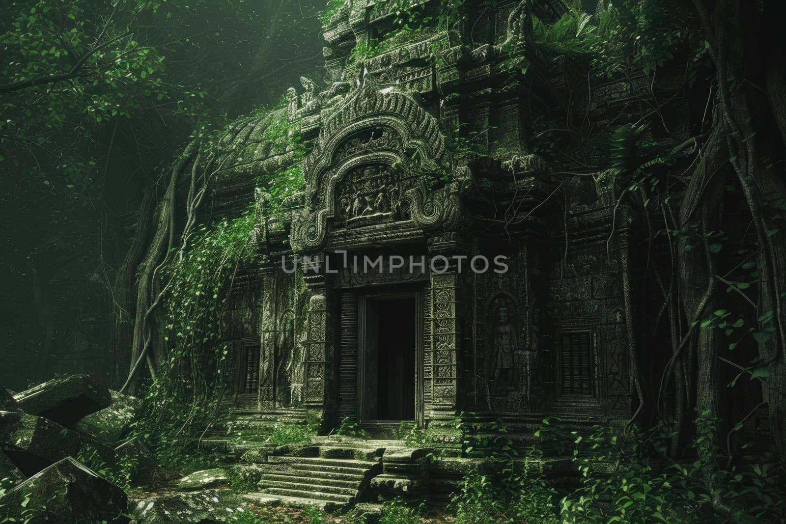 An ancient, abandoned temple overrun by nature, with intricate carvings and overgrown vines. Resplendent.