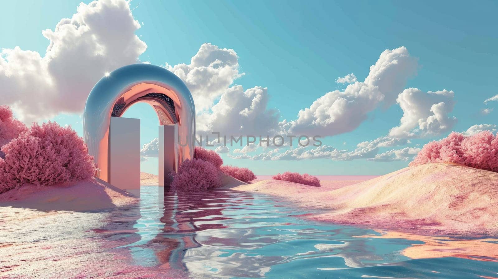 The metallic portal in the middle of the clear river that connected to the ocean that has surrounded with the bright blue cloudy sky and the pink desert with the pink tree and pink mountain. AIGX03.