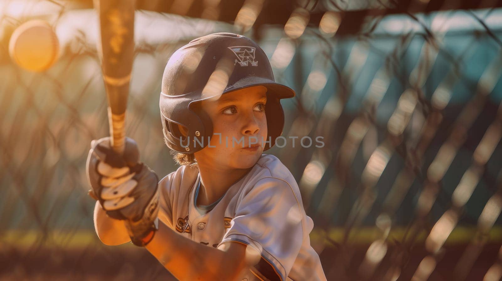 A portrait of elementary student playing baseball at baseball stadium while wearing safety gear. Energetic child holding baseball bat and standing at baseball field with blurring background. AIG42.