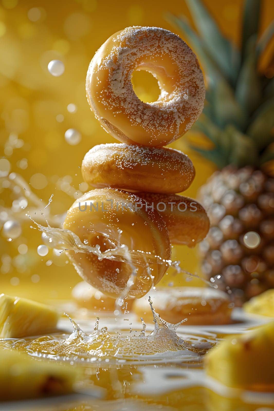 The donuts are being submerged underwater, stacked on top of each other, creating a unique visual of marine biology in a cuisine dish