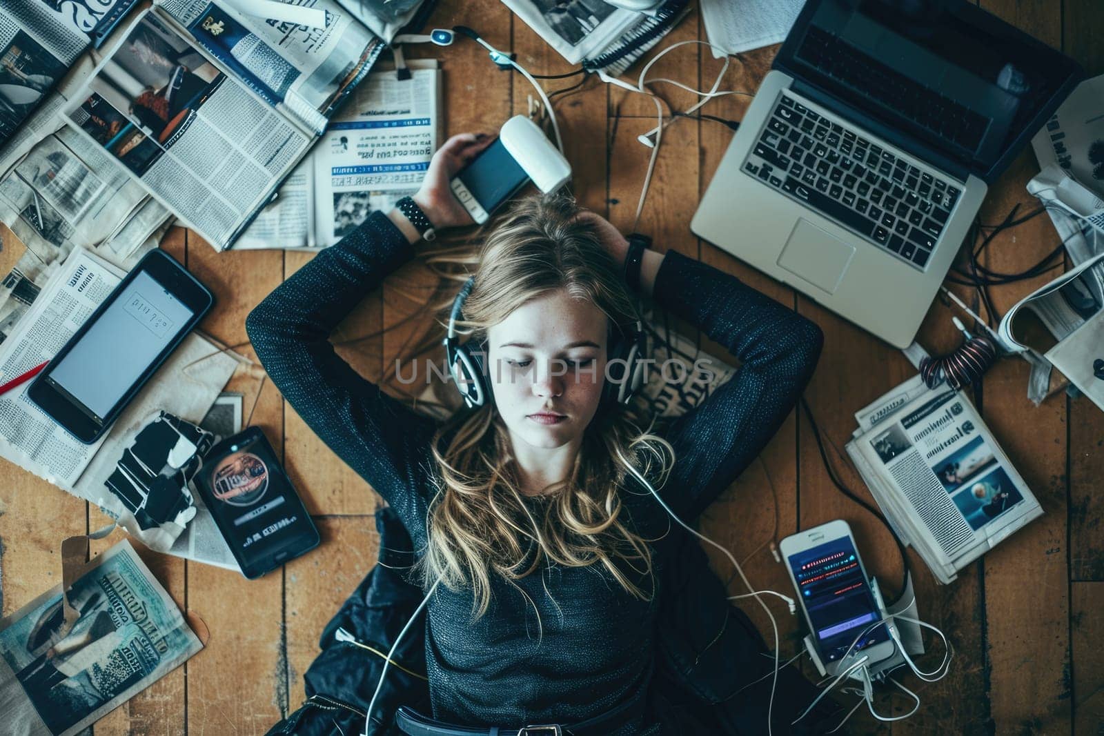 The top view of picture that about young scandinavian human that laying down and listening to the music and focused in the full of the thought and music with room that surrounded with devices. AIGX03.