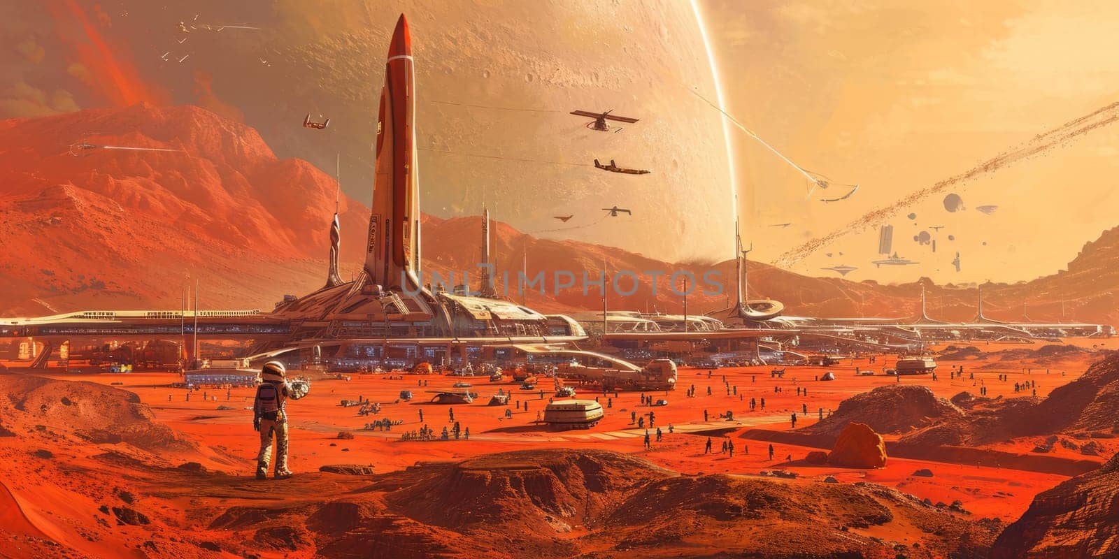 Futuristic Martian spaceport with advanced spacecraft and rocky terrain. Resplendent.