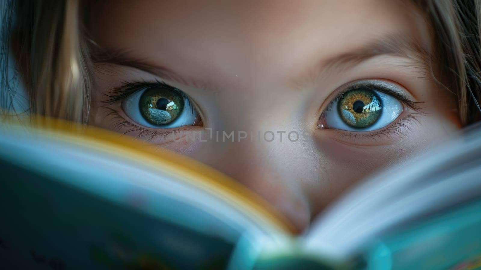 Close up of curious smart children 's eye hiding behind the comic book with blurring background. Elementary student looking at camera surrounded with diverse children. Education concept. AIG42.