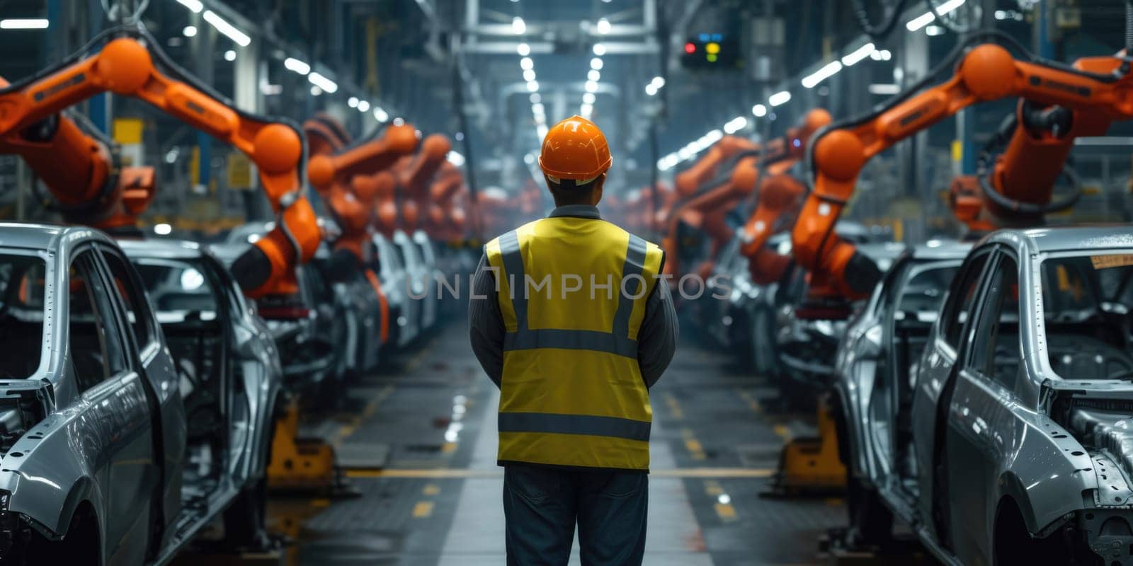 Machine arm working while smart mechanic engineer checking or inspect robotic arm. Factory machine or robotic electronic device working while industrial worker or engineer inspecting machines. AIG42.