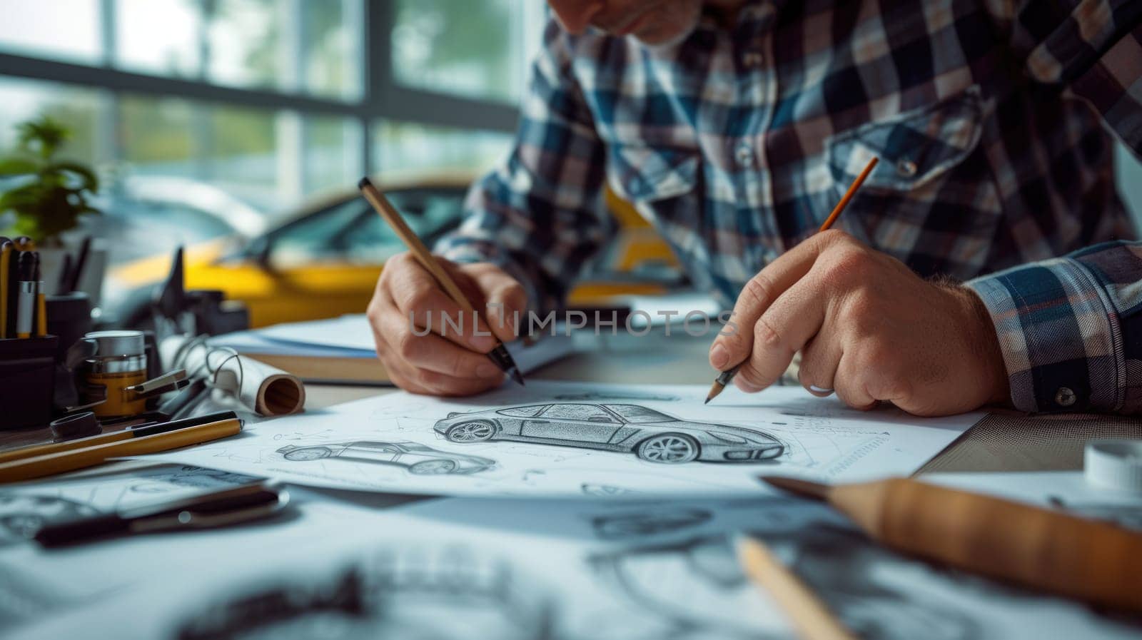 A man, using his hand and fingers, is making a gesture while drawing a car on a piece of paper, showcasing his artistic and engineering skills. AIG41