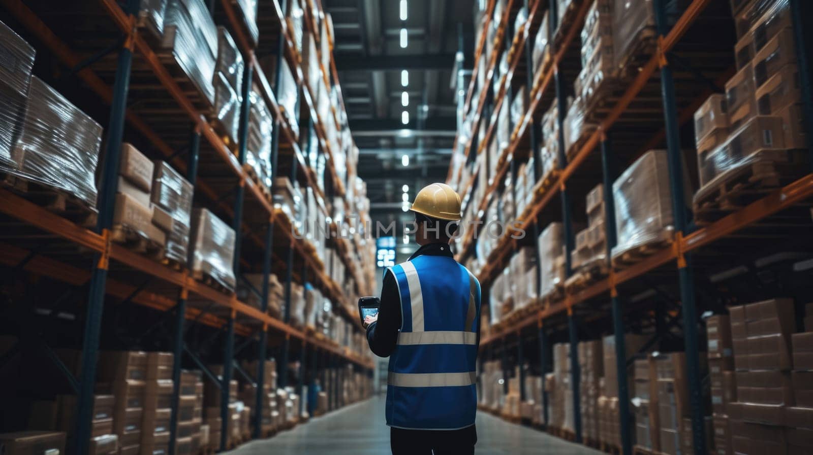 A man is standing in a building, gazing at a tablet amidst shelving, with wood flooring creating a serene atmosphere. AIG41