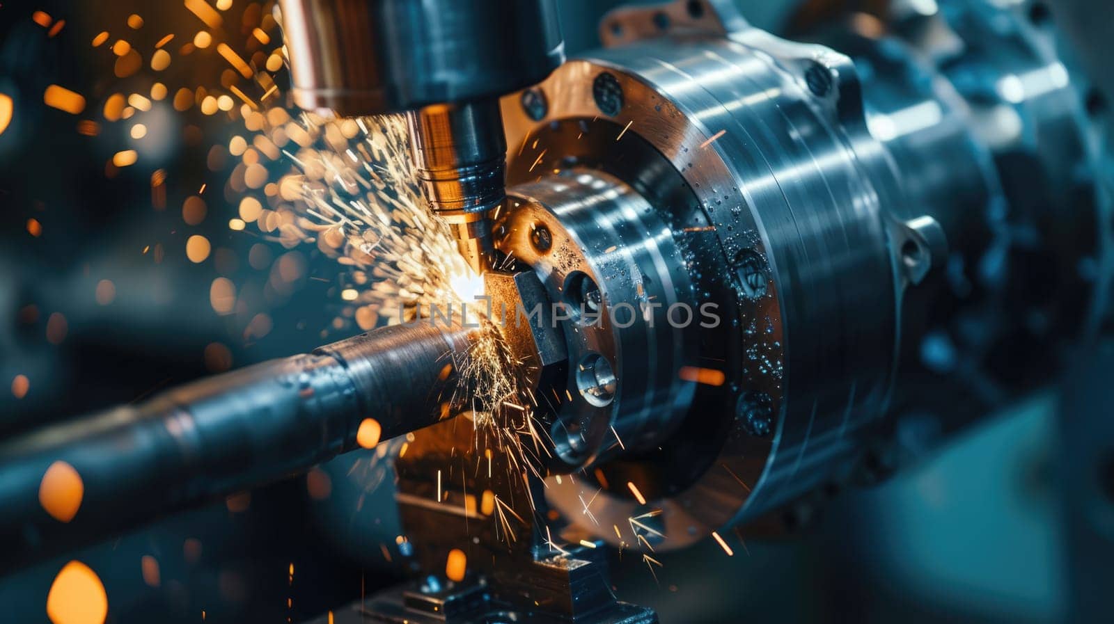 Close up of professional worker hands holding industrail drill with sparkling from machine. Civil engineer cutting metal or using machine tool griding. Machine factory or industry concept. AIG42.