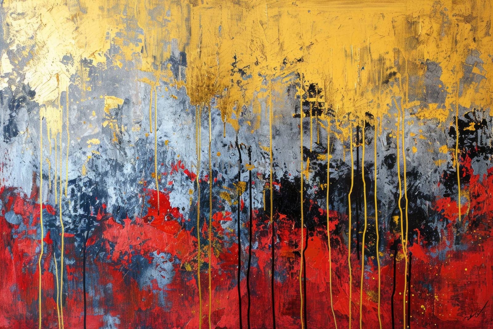 The abstract picture of the gold, blue and red colours that has been painted or splashed on the white blank background wallpaper to form the random shape that cannot be describe yet beautiful. AIGX01.