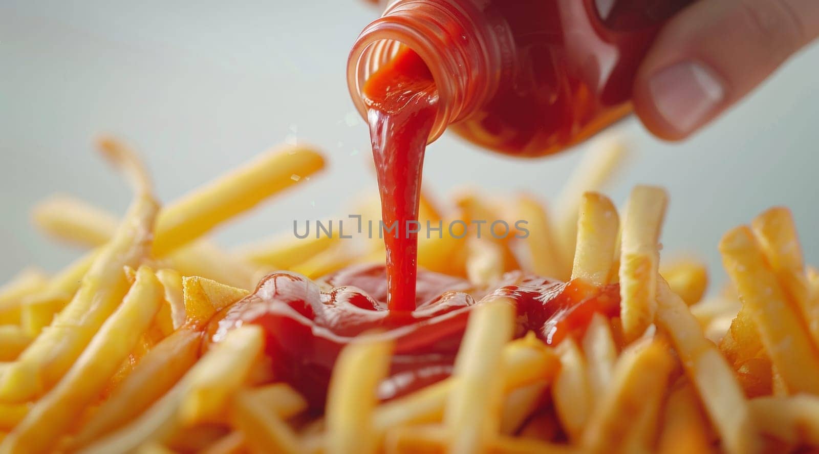 Close up of a bottle of ketchup pouring over a plate of french fries by papatonic