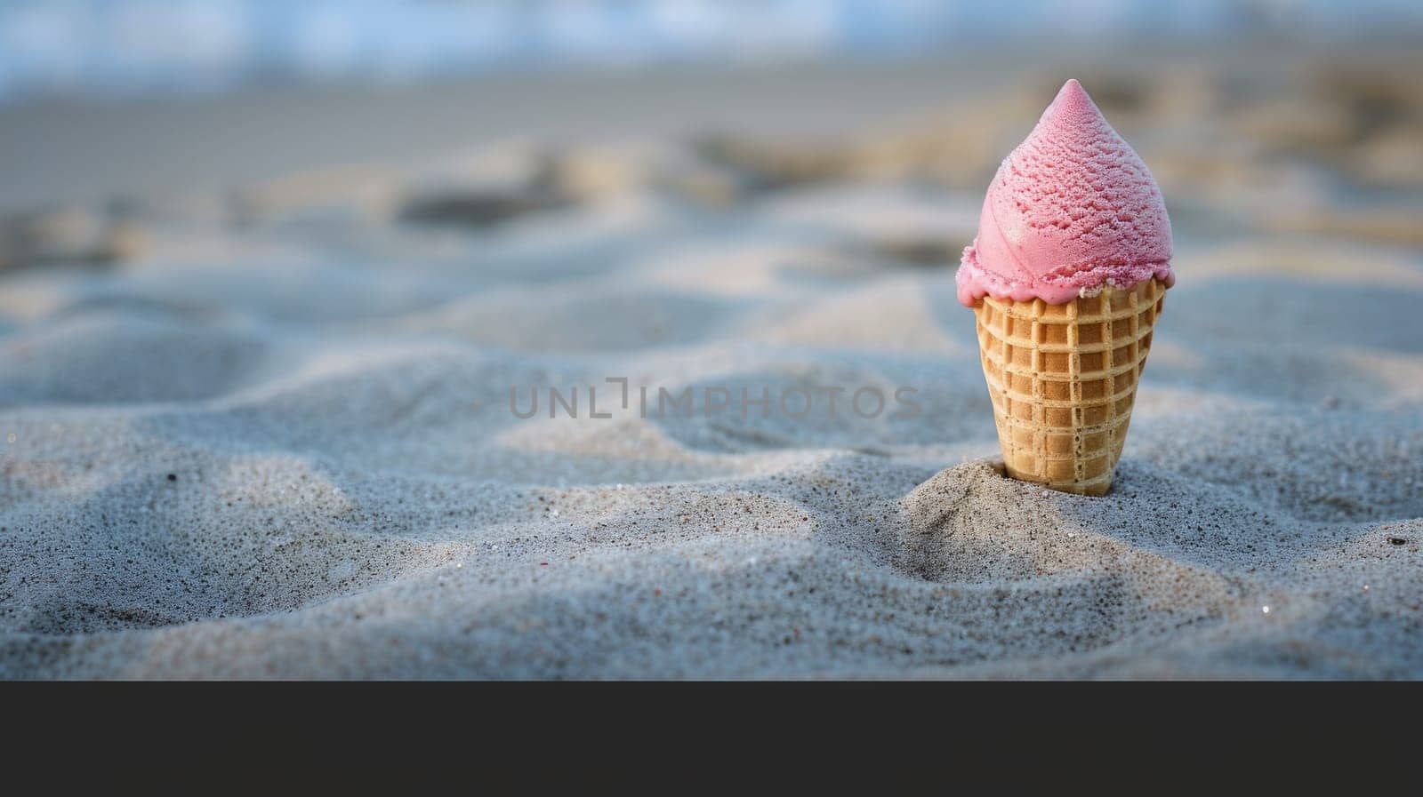 A cone of ice cream protrudes from the sandy landscape on the beach, surrounded by water and wind waves, creating a picturesque horizon AIG50