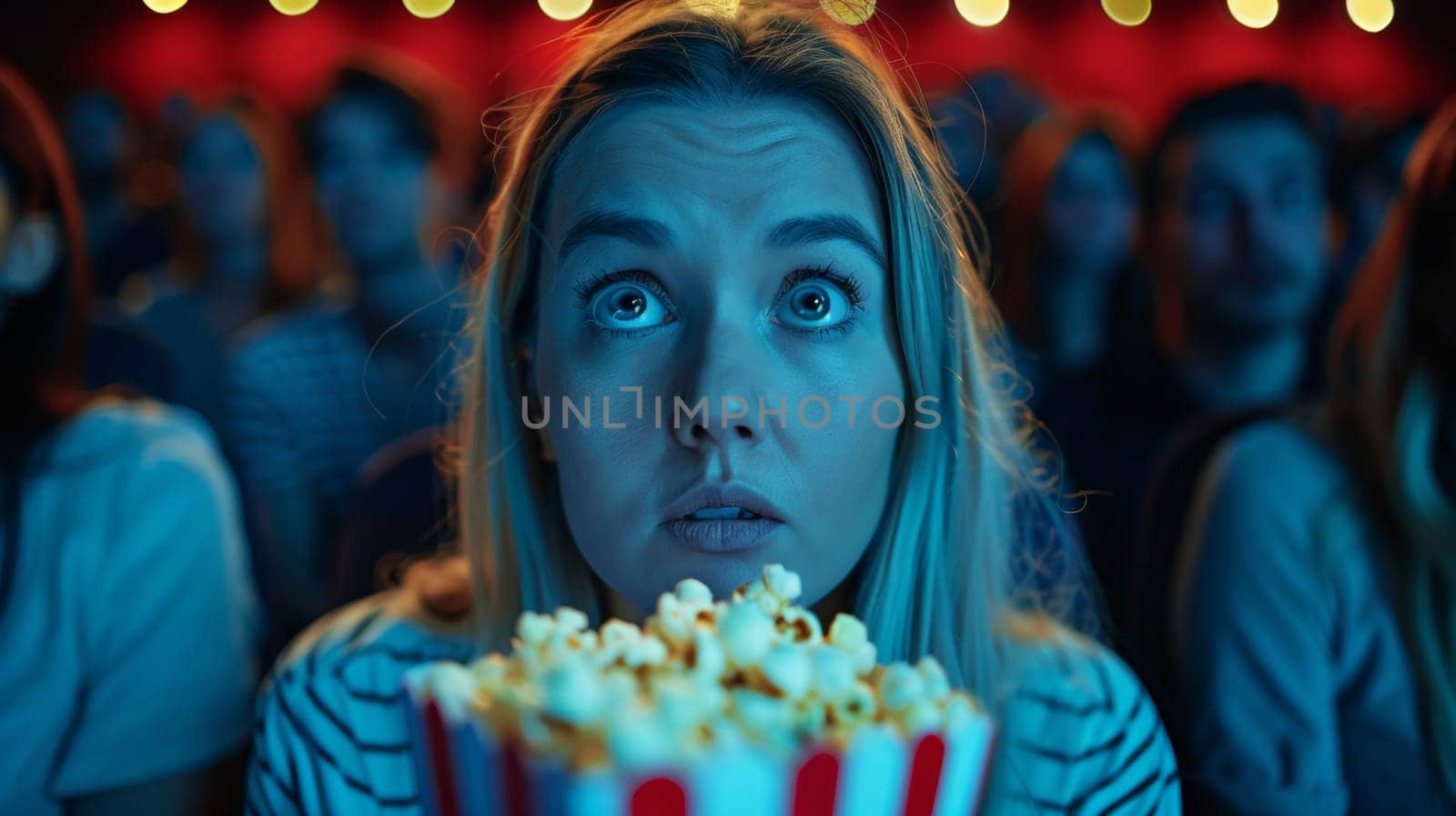 Headshot of a frightened woman holding a popcorn in a cinema watching a movie.