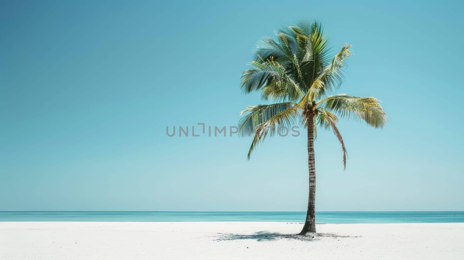 A palm tree stands on the sandy beach near the vast ocean, under a clear blue sky with fluffy clouds, adding to the beautiful coastal natural landscape AIG50