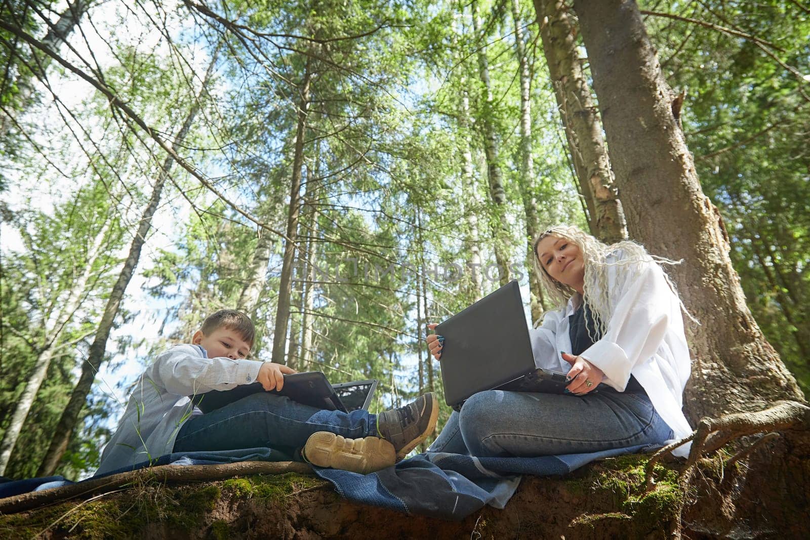 Mother and son with a laptops in forest in summer. Fat young smart teenage boy and woman working with modern IT technologies in nature by keleny