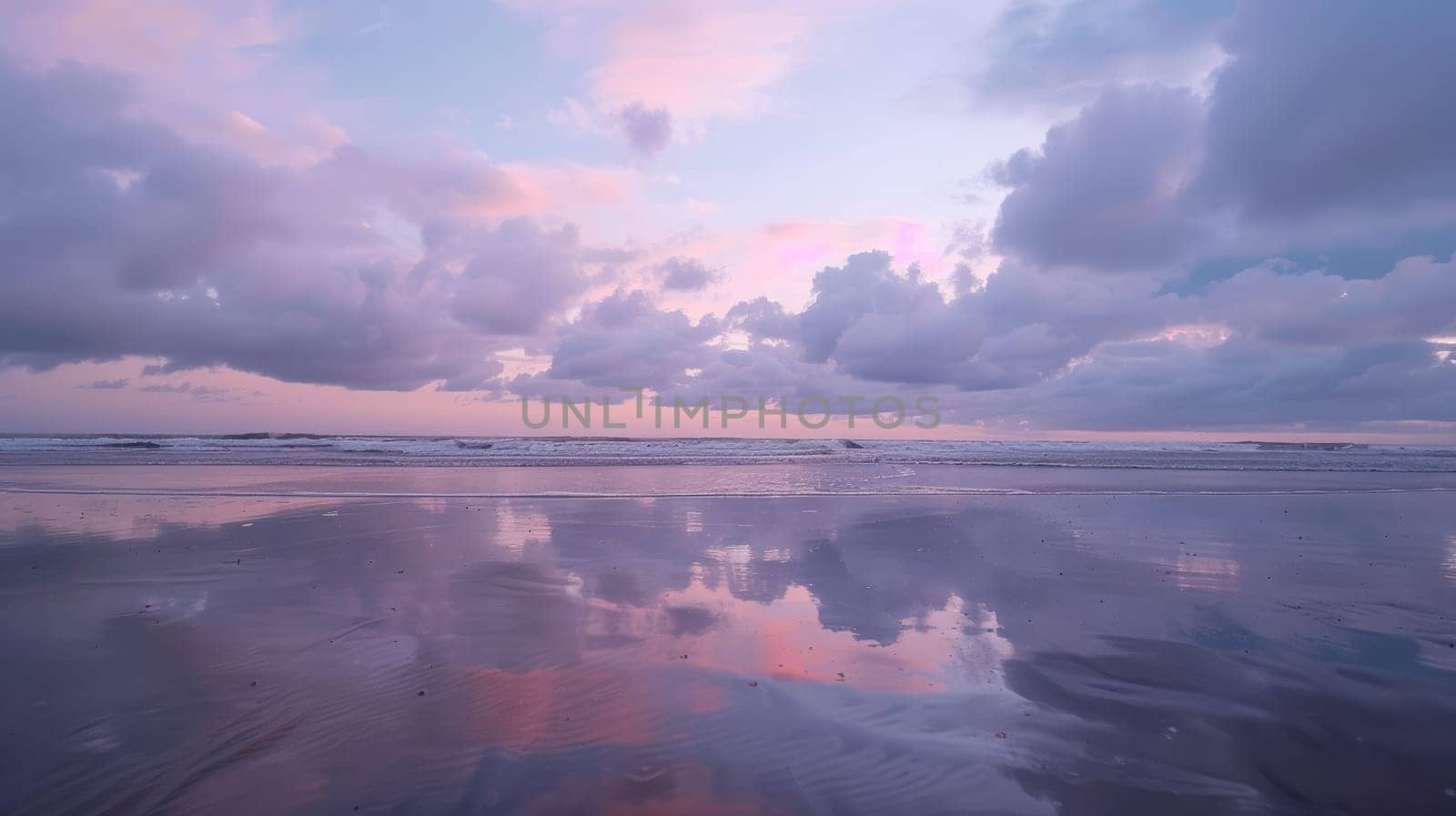 A beautiful sunset over a beach where the clouds are reflected in the calm waters, creating a stunning natural landscape with a fluid atmosphere AIG50