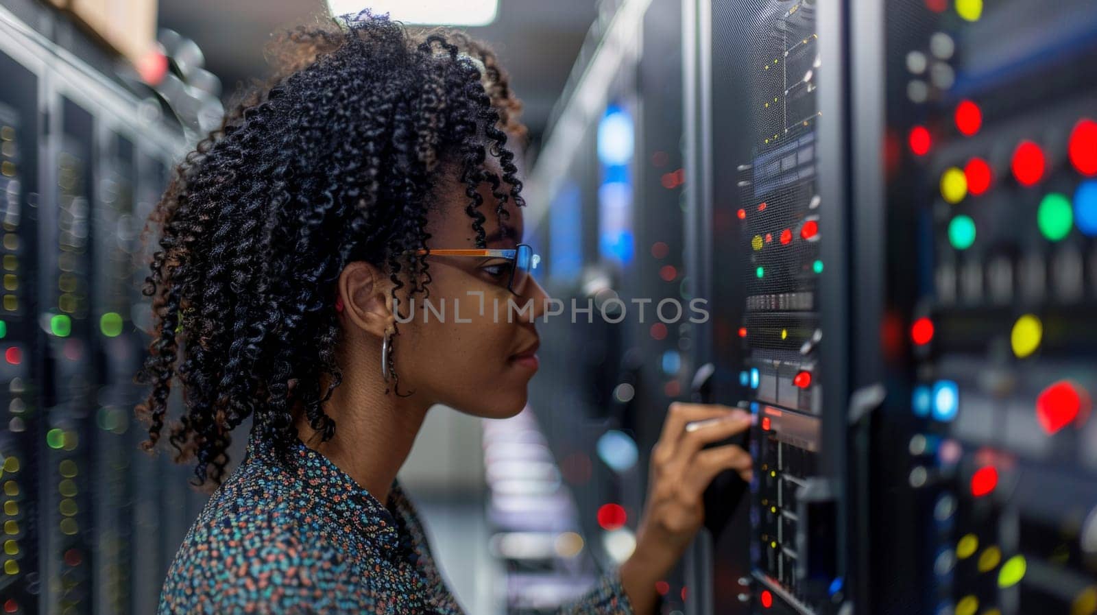 Female afro american IT worker in a data center room working to fix or improve the systems.