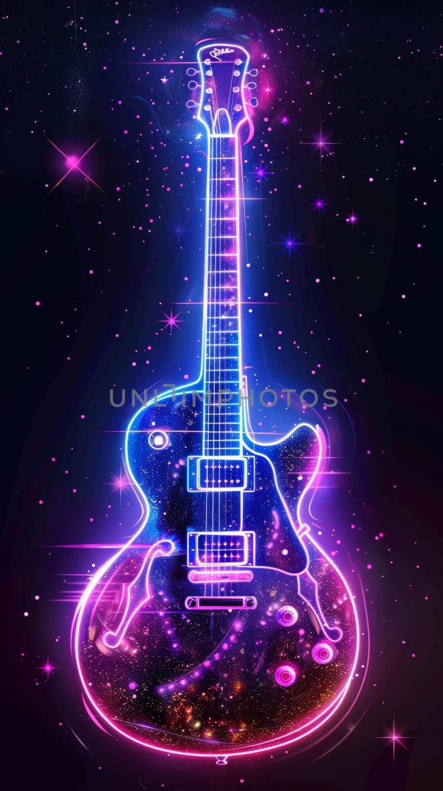 A glowing purple and blue electric guitar with neon lights isolated on black background by papatonic