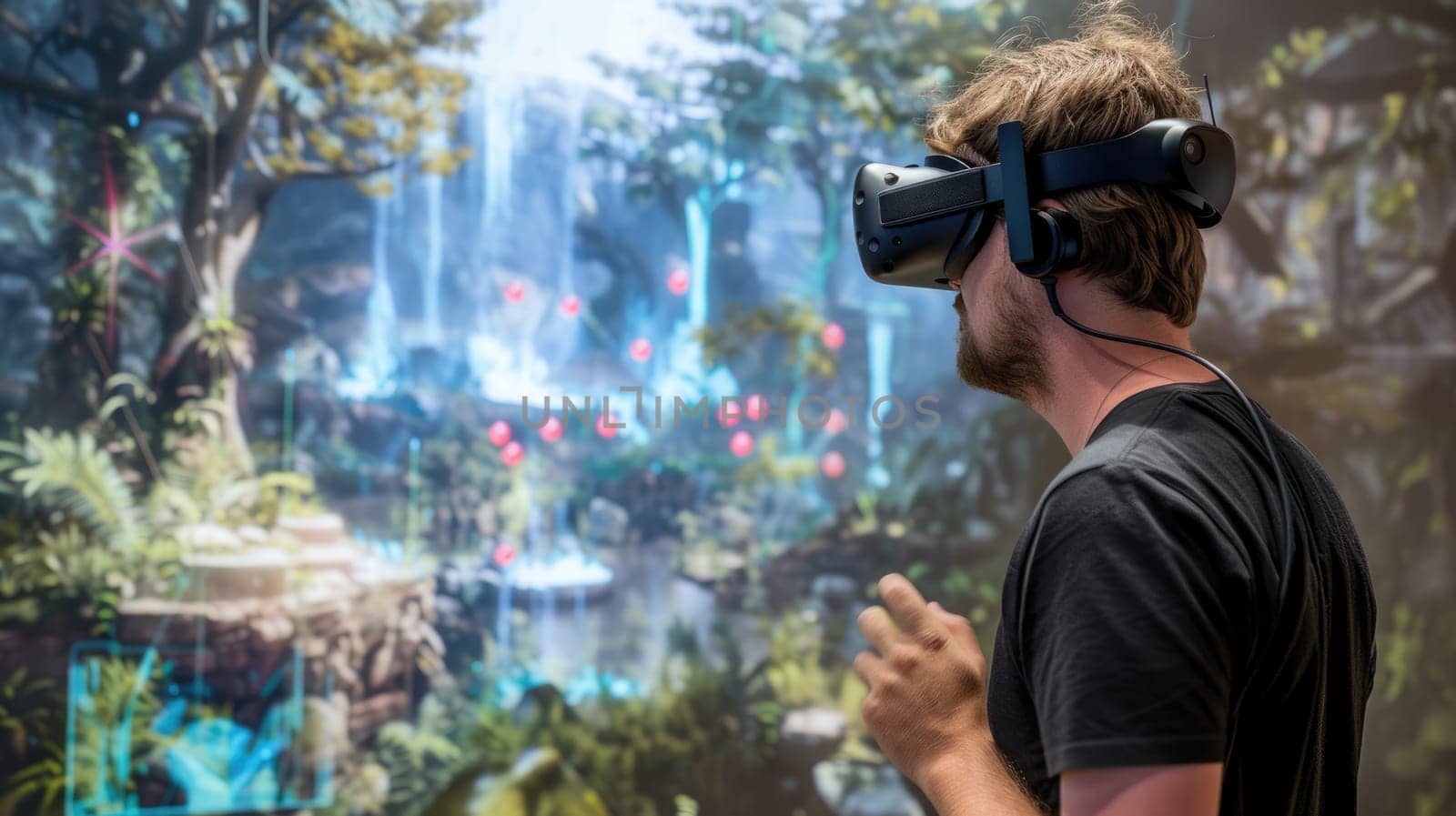 Gamer using VR goggle connecting in visual world program. Person standing while enter in futuristic world for playing game while using visual reality glasses. Technology innovation concept. AIG42.